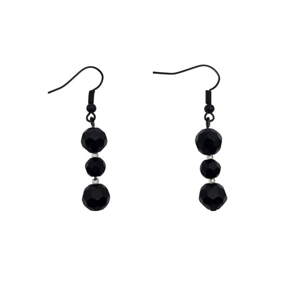 Women's Black Geometric Cut Glass Beaded Dangle Drop Hook Earrings - Picture 2 of 5